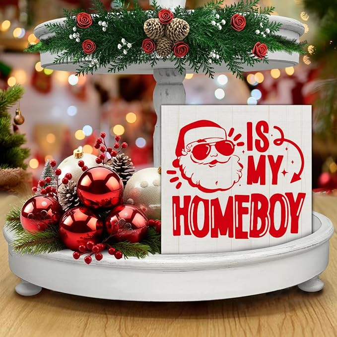 Funny Christmas Decorations, Santa Is My Homeboy Wooden Sign Home Decor, Santa Wooden Block Sign, Christmas Decor for Table Shelf 5 x 5 Inch