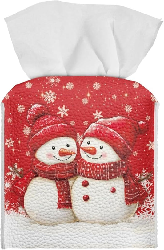 Cute Snowman Tissue Box Holder Square PU Leather Tissues Cube Box Cover Christmas Modern Decorative Facial Napkin Holder Case for Car Kitchen Bedroom Bathroom