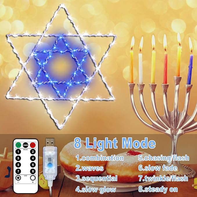 Hanukkah Decorations Chanukkah Window Lights, 8 Lighting Modes USB Powered White Blue 40 LEDs Star of David Silhouette Hanging Lights with Iron Frame 11.8 x 10 Inch Indoor Decor（1PACK）