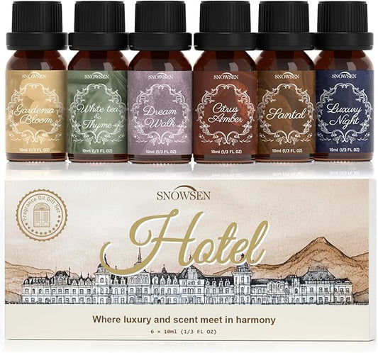 Fragrance Oils Hotel Set—Santal, Luxury Night, White Tea & Thyme, Gardenia Bloom, Dream Walk, Citrus Amber, Essential Oils for Diffuser, Candle & Soap Making, Luxury Diffuser Oils Scents