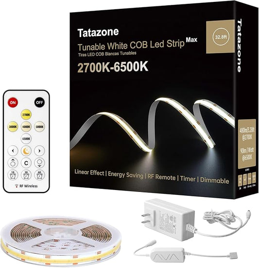 32.8ft Tunable White COB Led Strip Light with RF Remote, Dimmable CCT 2700K-6500K COB Led Tape Lights, Adhesive High Density Led Light Strip for Bedroom, Kitchen, Cabinet