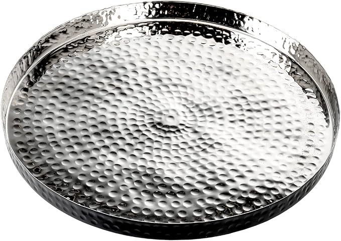 MyGift 12 Inch Round Decorative Platter, Silver Tone Plated Hammered Aluminum with Matte Black Accent Serving Plate, Centerpiece Base or Vanity Tray - Handcrafted in India
