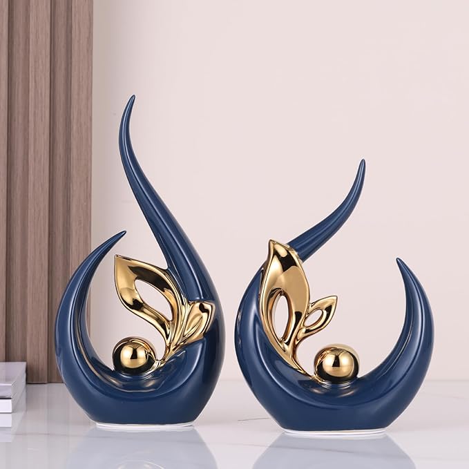 9.4" H Blue Gold Abstract Sculptures Home Decor, Ceramic Art Statue Cool Stuff to Put on Shelves&tv Stand Decor, Gold Accent Entertainment Center, for Fireplace Coffee Table Dining Table Decorate
