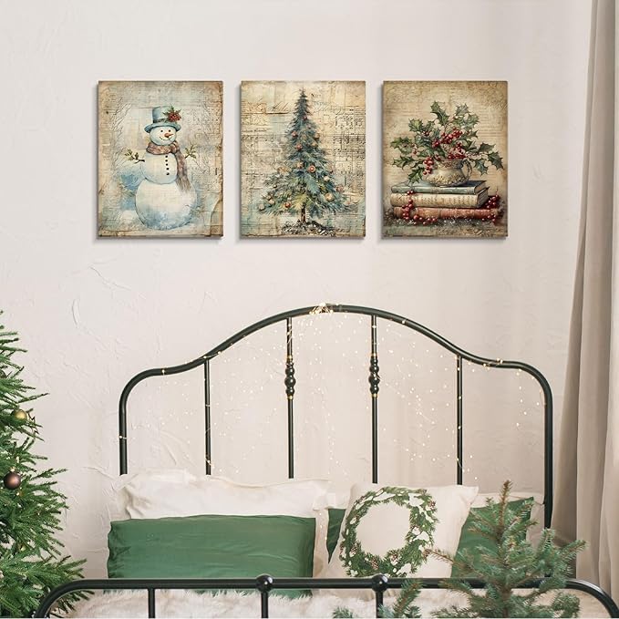DSHFG Vintage Christmas Wall Art Decor, Retro Christmas Santa Trees Book Wall Decor Canvas Set of 3, Retro Christmas Decorations for Home Bedroom Bathroom Kitchen Living Room, 14x11 Inch Framed