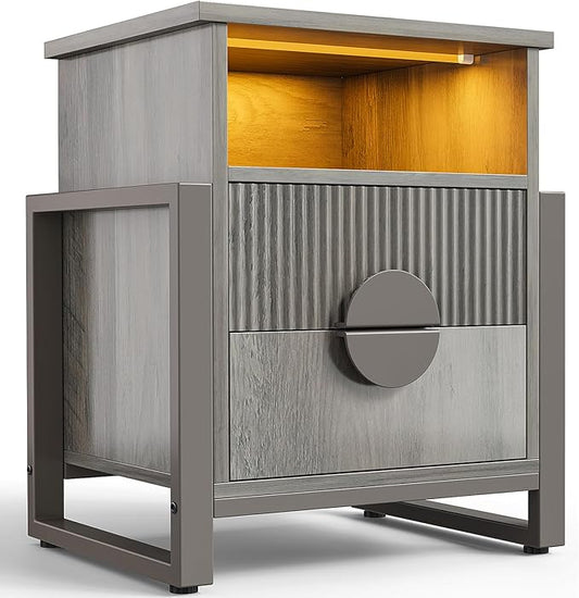LGHM Large Fluted Nightstand with Charger Station Lights,20.47" W Night Stand with 2 Drawers,Accent Bedside Table and End Table,Semicylinder Drawer,Stable Raised Legs,Large Compartment,Gray