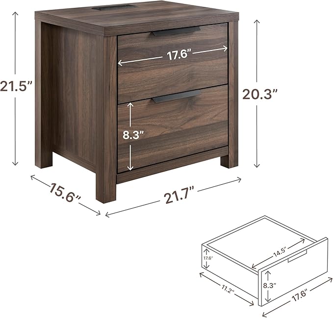 21" Farmhouse Nightstand Set of 2 with Charging Station 2 Drawers Large End Table with Metal Handle Rustic Low Night Stand Wood Dresser for Living Room Bedroom Closet,Walnut