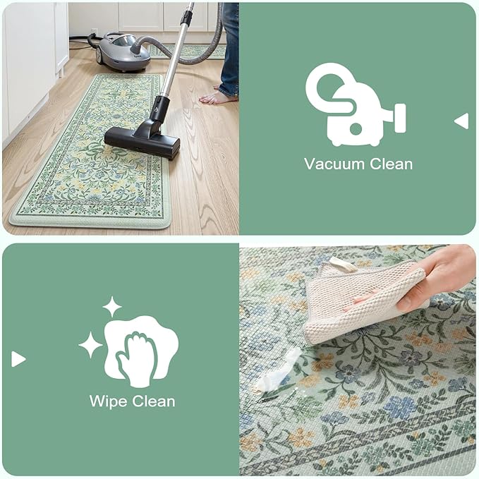 Collive Anti Fatigue Mats for Kitchen Floor, Cushioned Waterproof Sink Rug Set of 2 Spring Floral Kitchen Mat Comfort Non Skid Standing Rug for Office, Desk, Laundry, 17"x30"+17"x59"