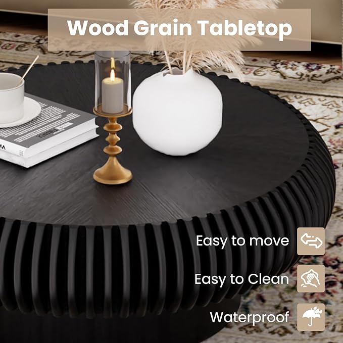 Fluted Drum Coffee Table Round Coffee Table for Living Room Mid Century Modern Coffee Tables with Sturdy Pedestal Circle Center Tea Table Accent Tea Table for Small Space Apartment (31.5" Black)