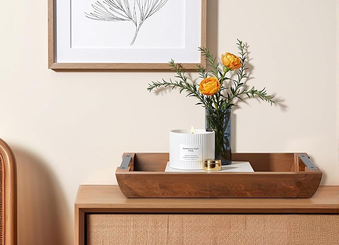 Acacia Wood Serving Tray with Metal Handles, 15x10 Inch Decorative Tray for Coffee Table Ottoman - Rustic Wooden Breakfast & Drink Tray, Farmhouse Centerpiece