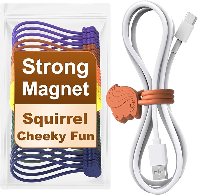 Fun Squirrel Magnetic Cable Ties – 24 Pack, Reusable Silicone Cord Organizers for Home & Office, Strong Magnetic Hold, Assorted Colors, Ideal for Cable Management, Novelty Gift