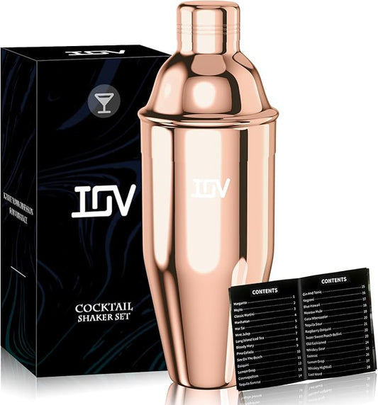IOV Cocktail Shaker, 24 oz Martini Shaker, Drink Mixer with Built-in Strainer, Professional Stainless Steel Margarita Alcohol Shaker with Cocktail Recipe Guide, Bartender Kit Gifts, Rose Gold