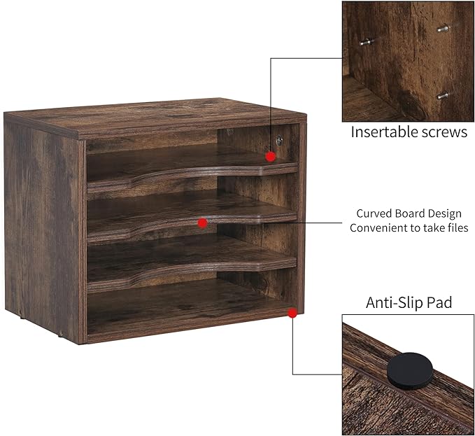 Snughome Vintage Wood File Organizer Desktop, 13.4’’ Document Letter Mail Tray Sorter with 3 Adjustable Shelves, Wooden Desktop Paper File Sorter Holder for School Home Office Supplies
