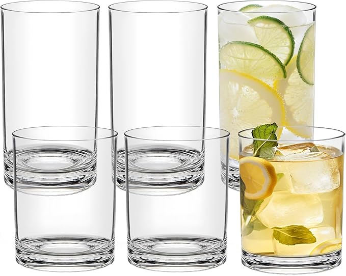 Acrylic Drinking Glasses Set of 6 - Clear Unbreakable Plastic Cups Reusable for Kitchen, Poolside & Patio - Shatterproof, Dishwasher-Safe, BPA-Free - 12oz & 17oz Highball Tumblers