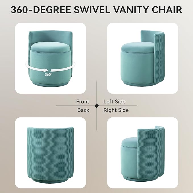Velvet Vanity Chair with Storage, 360° Swivel Makeup Chair with Wave Back, No Assembly Small Accent Stool for Bedroom, Dressing, Living Room, Teal