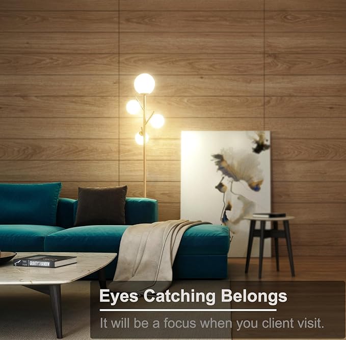 Fiqevs 4 Globe Gold Floor Lamp, Modern Sputnik Tree Standing Lamp with Frosted Glass Ball Lampshade & 3000K LED Bulbs, Mid Century Contemporary Tall Lamp for Living Room, Bedroom - Antique Brass