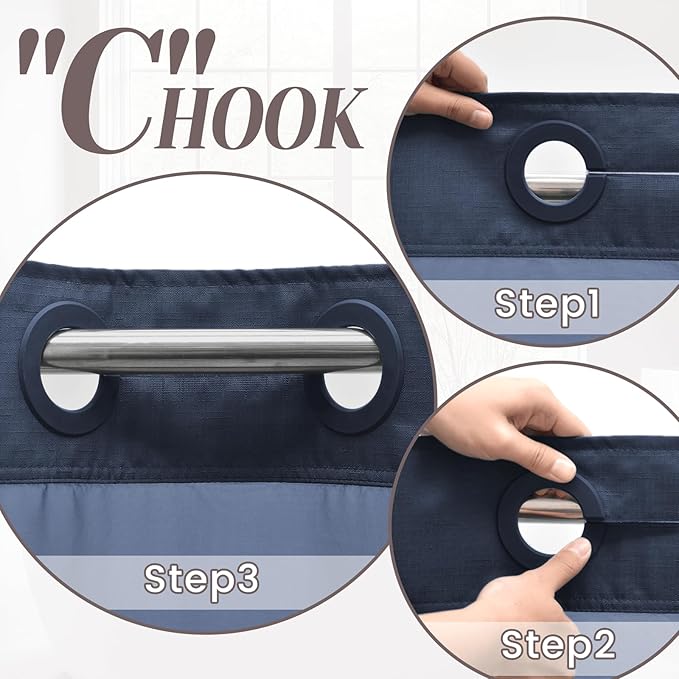 No Hook Slub Textured Shower Curtain with Snap in Liner - Navy Fabric Outer Curtain & Waterproof Inner Liner, Hotel Style with See Through Top Window, 71x86 in