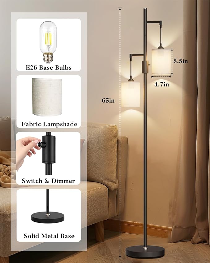 65IN Dimmable (Brightness Adjustable) Tree Floor Lamp, Mid Century Tall Standing Lamps with 2 E26 3000K LED Bulbs, Fabric Shades, Industrial Modern Floor Lamp for Living Room Bedroom