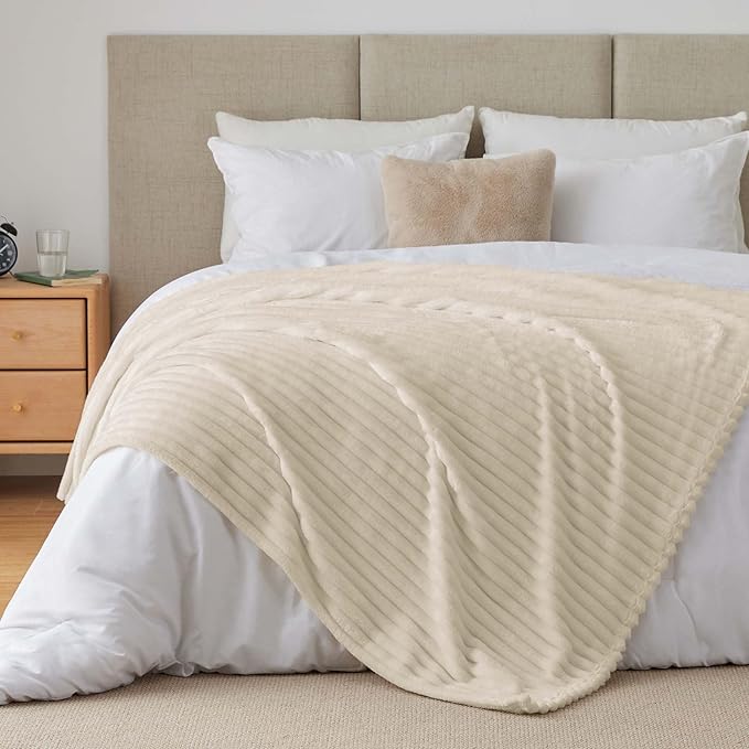 BEDELITE Twin Blanket for Couch & Bed, 300GSM Soft & Warm Fleece Blanket, Decorative and Giftable Striped Beige Blankets for Women, Men, 60"x80"