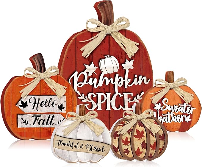 5 Pcs Fall Pumpkin Decor for Home Thanksgiving Wooden Table Centerpiece Decorations Fall Wooden Pumpkin Spice Signs for Autumn Farmhouse Kitchen Mantle Tabletop Supplies
