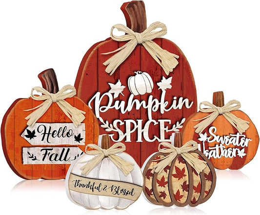 5 Pcs Fall Pumpkin Decor for Home Thanksgiving Wooden Table Centerpiece Decorations Fall Wooden Pumpkin Spice Signs for Autumn Farmhouse Kitchen Mantle Tabletop Supplies