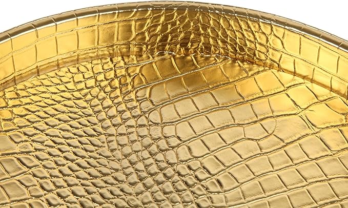 HofferRuffer Faux Leather Round Serving Tray, Vegan Croco Leather Decorative Tray, Food Tray for Storage Drinks, Snack & Cosmetics, Dia.12'' x 1.6'' (Gold)