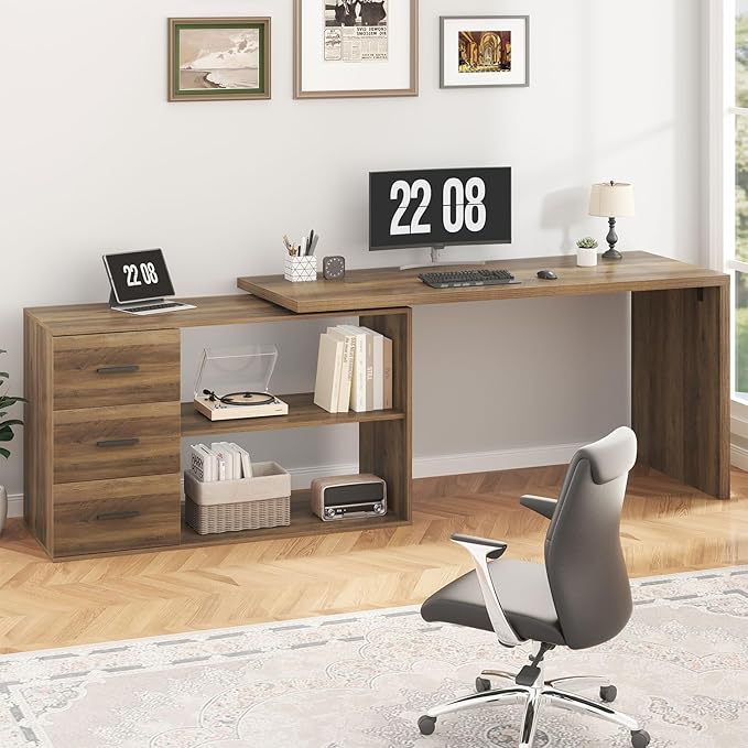 HSH 360 Rotating L Shaped Desk with Drawers, L Shape Computer Desk with Storage Cabinet Shelves, Rustic Home Office Desk for Executive Writing Study Work, Wood Table Swivel Desk, Rustic Oak, 55 Inch