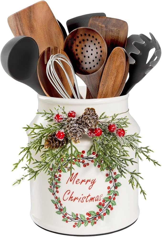 Christmas Utensil Holder, Cute Christmas Wreath Utensils Holder for Christmas Kitchen Decor, Xmas Vintage Rustic Ceramic Utensils Crock With Pinecone Accents for Indoor Kitchen Decorations