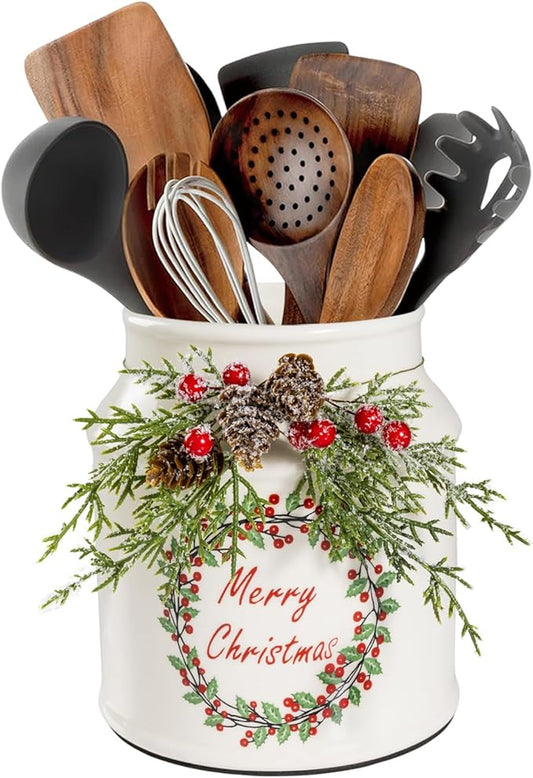 Christmas Utensil Holder, Cute Christmas Wreath Utensils Holder for Christmas Kitchen Decor, Xmas Vintage Rustic Ceramic Utensils Crock With Pinecone Accents for Indoor Kitchen Decorations
