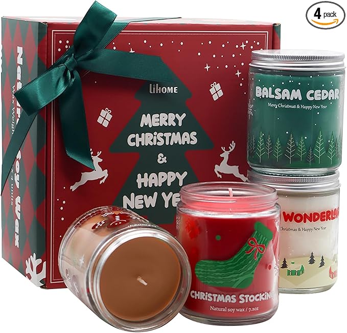 Christmas Candles - Christmas Gifts for Women & Men, 4 Pack Natural Soy Wax with Holiday Scents, Perfect for Xmas, New Year, and Winter Décor
