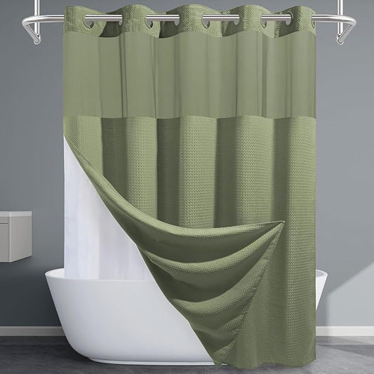 Sage Green Long Hotel Shower Curtain - 230GSM Waffle Textured Heavy Duty Thick Fabric Shower Curtains for Bathroom,71W x 86H