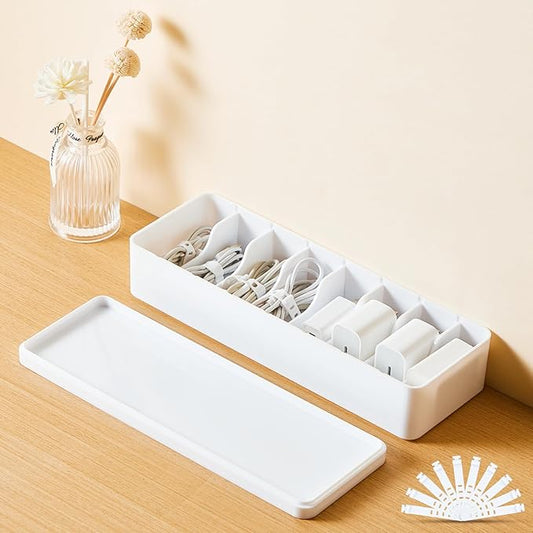 Tatuo 4 Pcs Cable Organizer Box with Wire Ties, Plastic Cord Storage Box with Lid, Electronics Organizer for Home Office Desk Organizers and Accessories (10.79'' X 3.78'' X 1.97'',White)