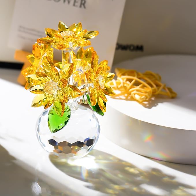 Enjinkail Handmade Crystal Daisy Figurine - Yellow Glass Flowers Gifts for Women, Elegant Home Decor & Table Centerpiece