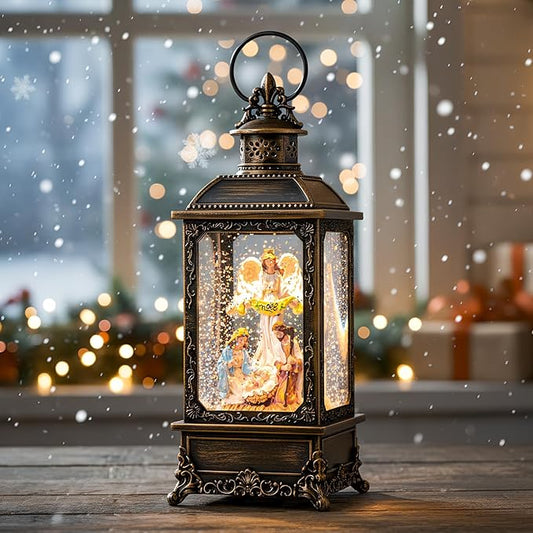 Christmas Snow Globes, Manger Snowflake Ball Nativity Scene, Silent Night Music Water Lantern, USB Powered & Battery, Holiday Decorations Gifts for Family, Children or Friend