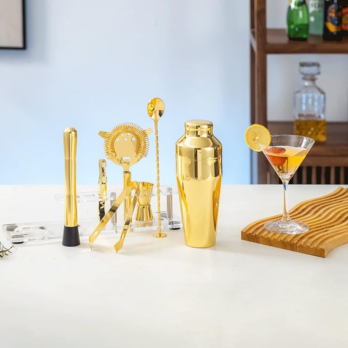 Cocktail Shaker Set with Arcylic Stand, Mixology Bartender Kit for Drink Mixing | Mixology Set with 7 Bar Set Tools Cocktail Kit (Gold)