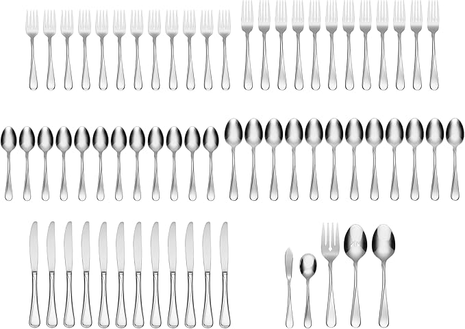 Oneida Flight 65 Piece Everyday Flatware, Service for 12, 18/0 Stainless Steel, Silverware Set, Dishwasher Safe