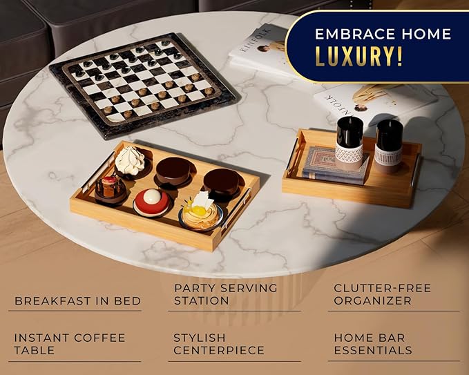 Set of 2 Decorative Serving Trays - Bamboo + Silver Stainless Steel Handles - Coffee Table or Ottoman Tray for Breakfast in Bed Jewelry, Decor Organization - 12"x17" - Pure Bamboo Finish