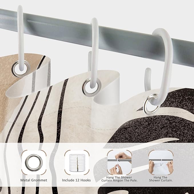 Glawry Boho Black Brown Beige Shower Curtain Modern Mid Century Abstract Tropical Palm Leaf Bathroom Minimalist Geometric Arch 72Wx72L Inches Bath Accessories Art Home Decor Fabric 12 Pack Hooks