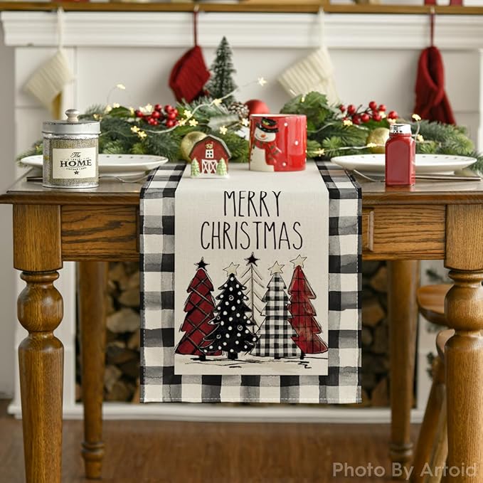 Artoid Mode Buffalo Plaid Xmas Trees 2PCS Merry Christmas Table Runner, Seasonal Winter Holiday Kitchen Dining Table Decoration for Home Party Decor 13 x 72 Inch