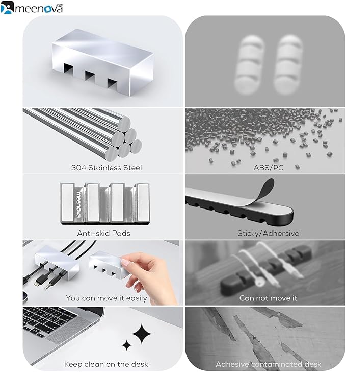 Meenova 304 Stainless Steel Weighted Cord Holder for Nightstand, Cable Organizer Management, 3 Hole Design, Aesthetic Desk Accessory for Office Computer Desk Charger Metal Keeper