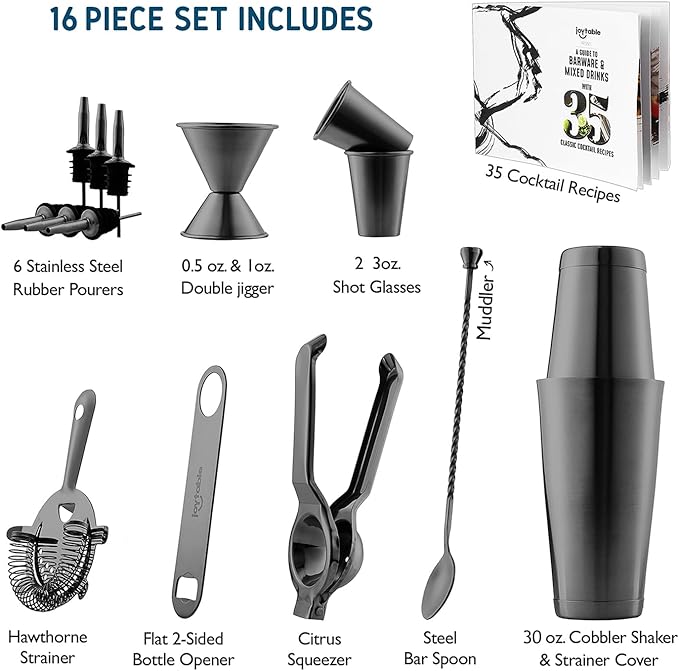 Bar Set Cocktail Shaker Set, Stainless Steel Mixology Bartender Kit, 16 Piece Cocktail Kit, Black Cocktail Set, Bar Tools: 30oz Martini Shaker, Muddler, Bar Kit Cocktail Book, Jigger and Pourers