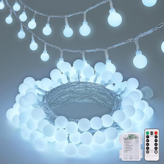 JMEXSUSS Globe String Lights Battery Operated - 100 LED White Fairy Lights Indoor Outdoor Waterproof 33FT Battery Powered String Lights with Remote for Wedding Bedroom Classroom Camping Decor
