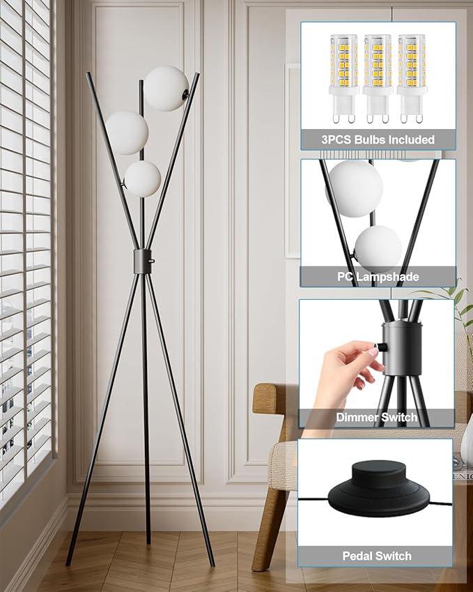 Lightdot 60IN Dimmable Black Tripod Floor Lamp, Mid Century Standing Lamps with 3 Globe Soft Warm White Eye Care 3000K Bulbs Included, Modern Tall Lamp for Living Room Bedroom