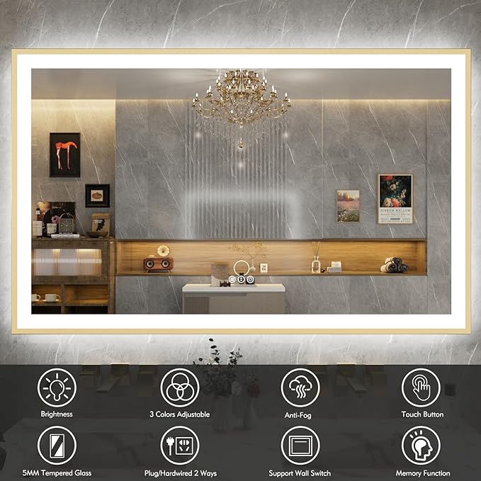 48x36 LED Mirror for Bathroom with Gold Frame, Backlit and Front Lighted Bathroom Mirrors for Wall, Stepless Dimmable Vanity Mirror with Lights, Anti-Fog, Memory,Shatterproof