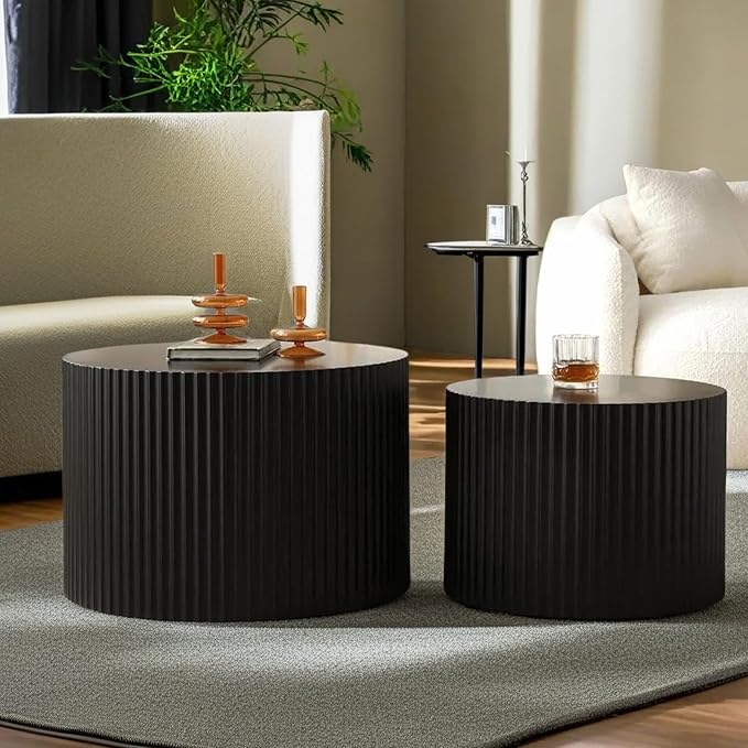 Modern Round Nesting Coffee Table Set of 2, Vertical Stripe Design Drum Coffee Table Cocktail Table, Round Side Table for Living Room, Bedroom, Office, Balcony (D15.0+18.9")