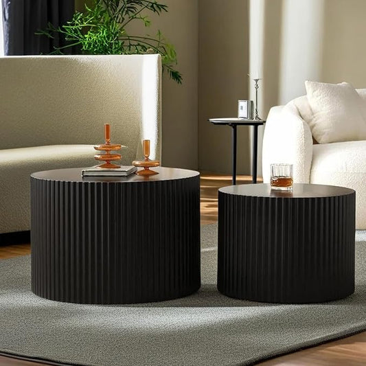 Modern Round Nesting Coffee Table Set of 2, Vertical Stripe Design Drum Coffee Table Cocktail Table, Round Side Table for Living Room, Bedroom, Office, Balcony (D15.0+18.9")