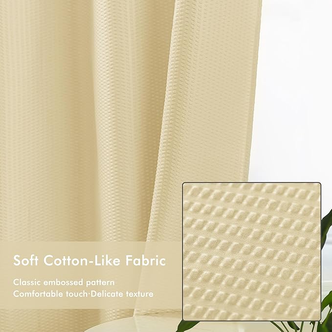 Mrs Awesome No Hook Shower Curtain with Snap-in Liner Less Time On/Off, Embossed Waffle-Look Textured Fabric Shower Curtain for Bathroom, Soft & Lightweight, 71x74, Beige