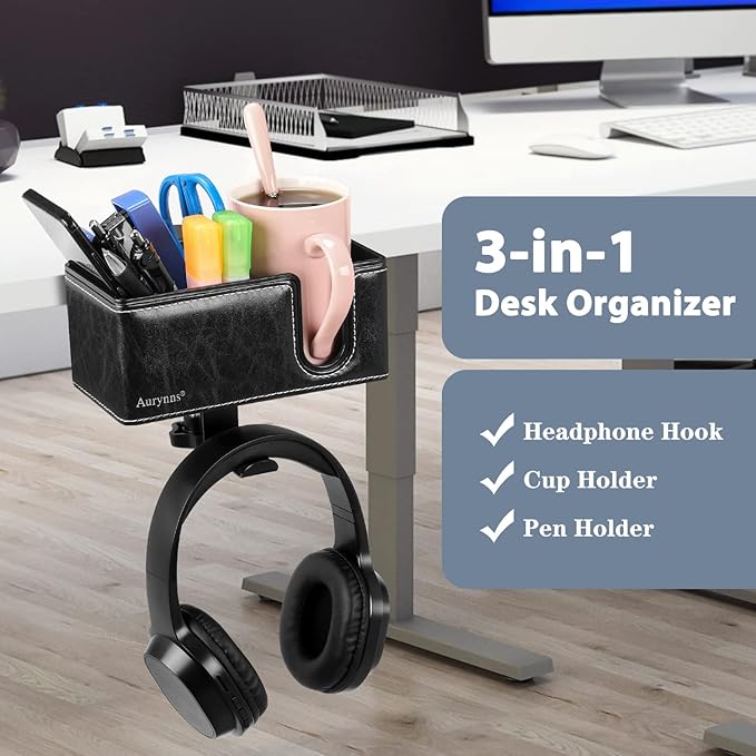 Desk Cup Holder Clip on Pen Holder Headphone Hanger Headset Stand Rotatable Clamp Hook Under Desk (Black)