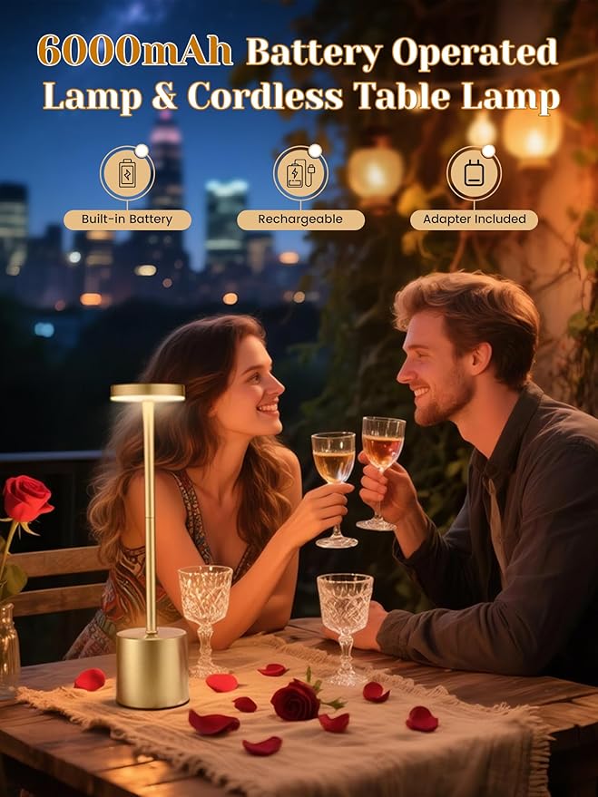 Rechargeable Lamps Cordless Lamps Set of 2,6000mAh Battery Lights,Dimmable+3 Colors Rechargeable Table Lamp,Portable Wireless Small Table Lamp for Bedroom/Kitchen/Bathroom/Dining/Bar/Outdoor [Adapter]