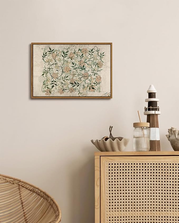 KISSFOX Vintage Floral Framed Wall Art Boho Green Beige Botanical Mandala Canvas Wall Art William Morris Farmhouse Natural Paintings Artwork Rustic Art Prints For Bedroom Bathroom Living Room