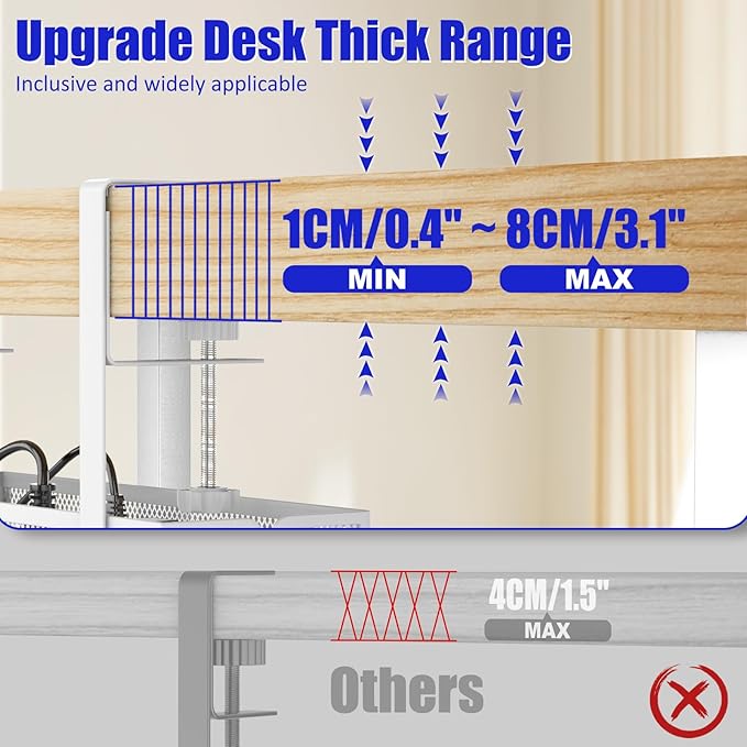 Under Desk Cable Management Tray, Metal Long Arms(3.9in), No Drill Mesh Wire Management Tray Cable Box for Office, Desk Wire Organizer with Clamp Mount, 1 Pack, White